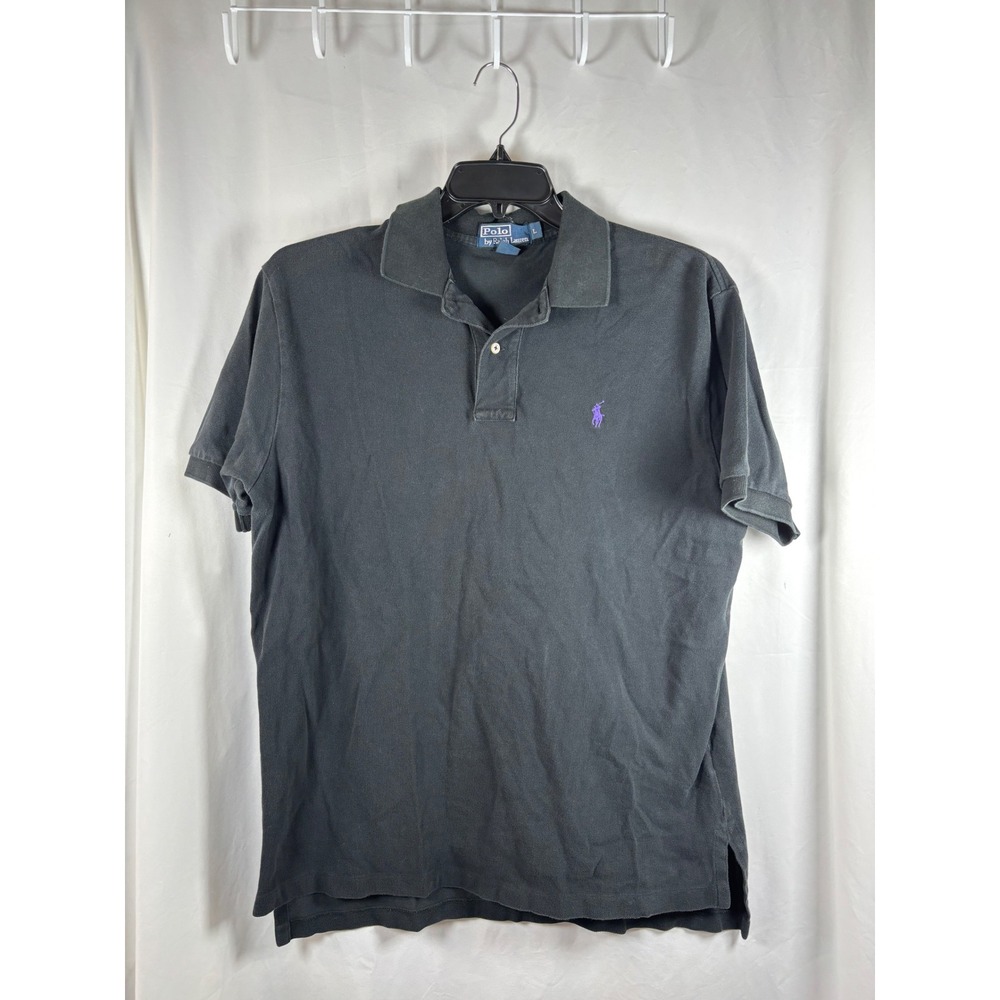 Polo Ralph‎ Lauren Mens Black Pique Polo Shirt Purple Pony Logo Size Large L
